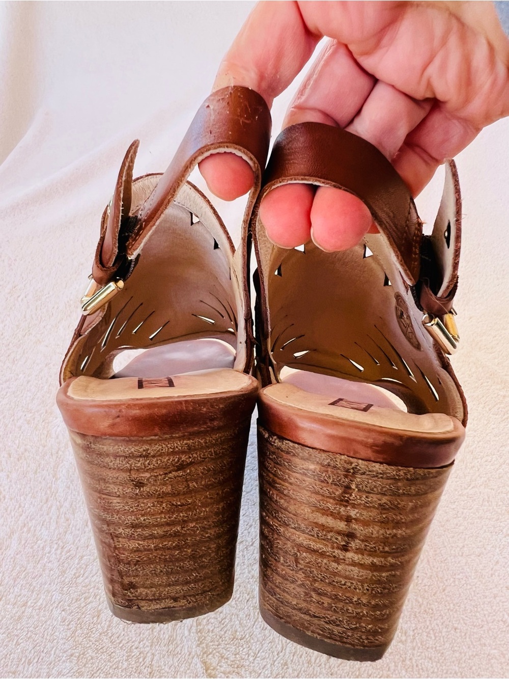 Pikolinos Brown Leather Slingback Heeled Sandals Geometric Cutouts Size 8 - Picture 7 of 9